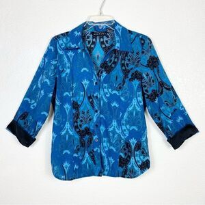 Separates Blue & Black Patterned Cuffed Sleeve Button Up Blouse